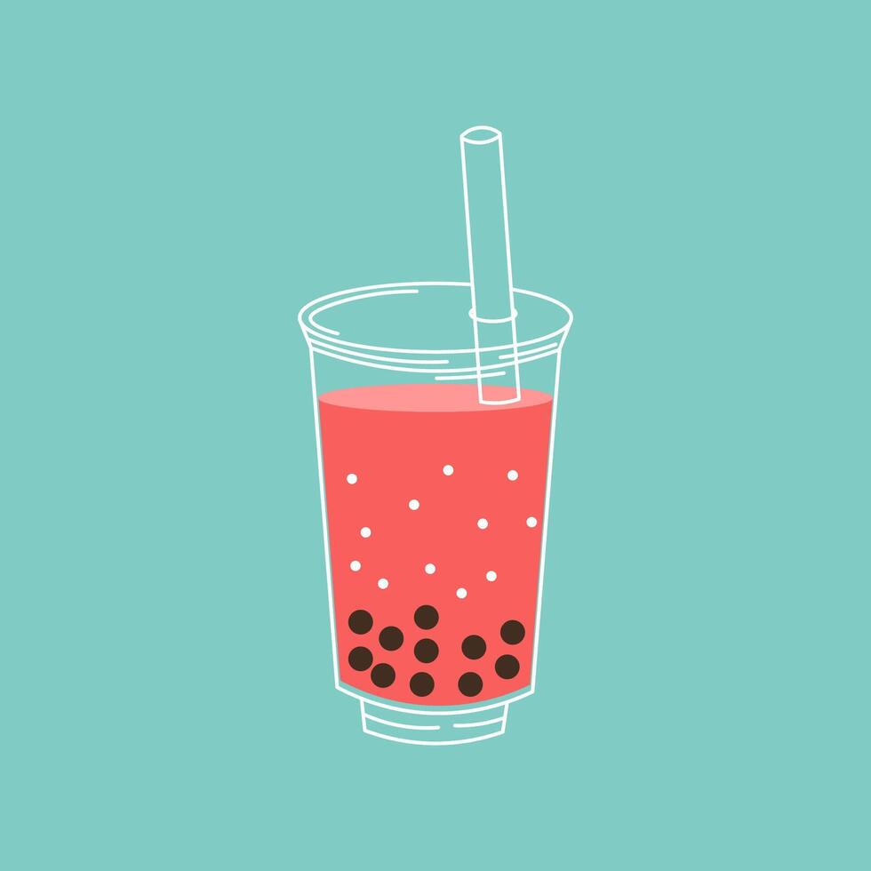 Flat style illustration of a colorful bubble tea cup with tapioca pearls and a wide straw, perfect for beverage-themed designs, cafe branding, or refreshing drink visuals. vector