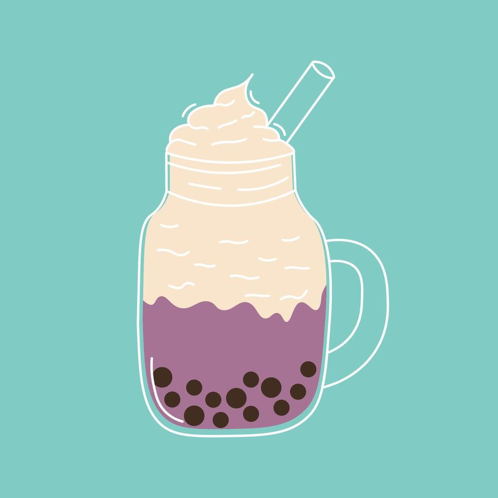 Flat style illustration of a taro bubble tea with whipped cream in a mason jar, perfect for beverage branding, cafe menus, or trendy food-related designs. vector