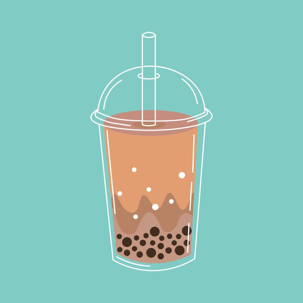 Flat style illustration of a plastic cup filled with bubble tea, featuring boba pearls and a dome lid, ideal for beverage packaging, cafe menus, or bubble tea-themed design projects. vector