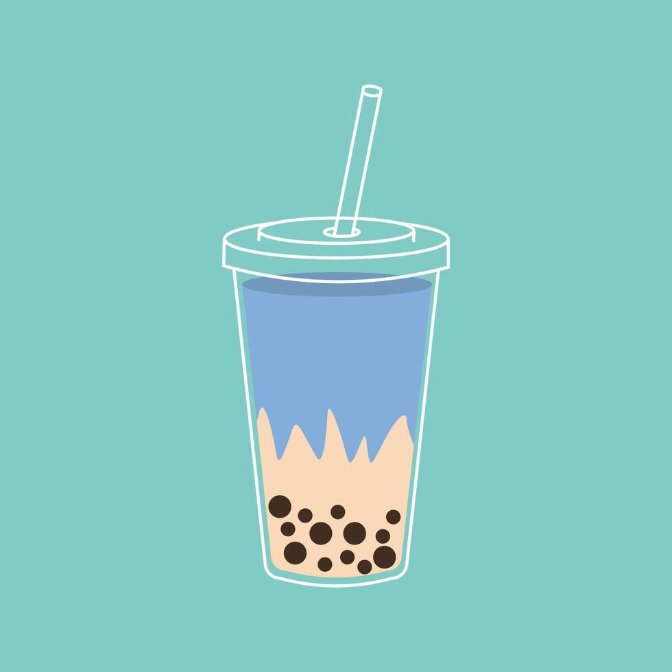 Flat style illustration of a bubble tea drink in a transparent cup with a straw, featuring creamy layers and tapioca pearls, ideal for beverage menus, cafe designs, and food-themed projects. vector