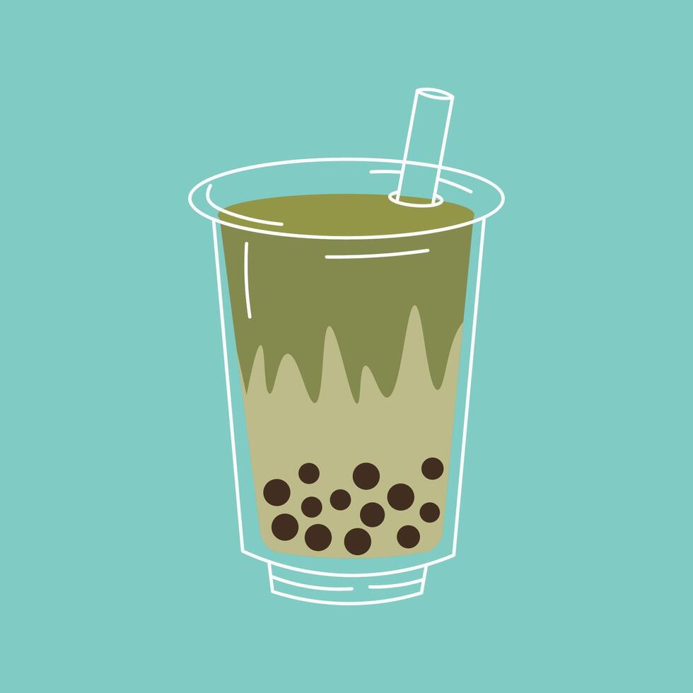 Flat style illustration of a green bubble tea drink in a clear plastic cup with a straw, featuring tapioca pearls and a wavy gradient design, ideal for beverage-themed projects and summer concepts. vector