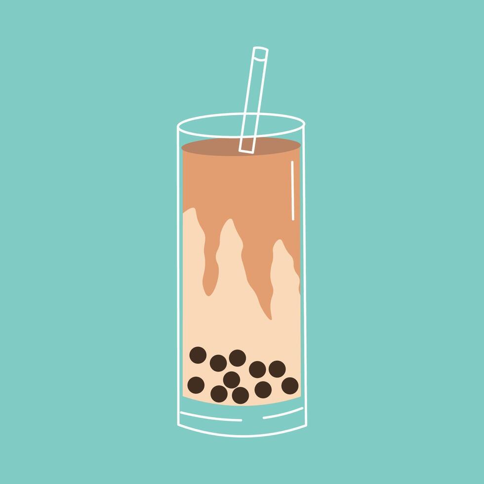 Flat style illustration of a tall glass of brown sugar bubble tea with tapioca pearls and a straw, ideal for beverage-related projects, cafe branding, and modern drink-themed designs. vector