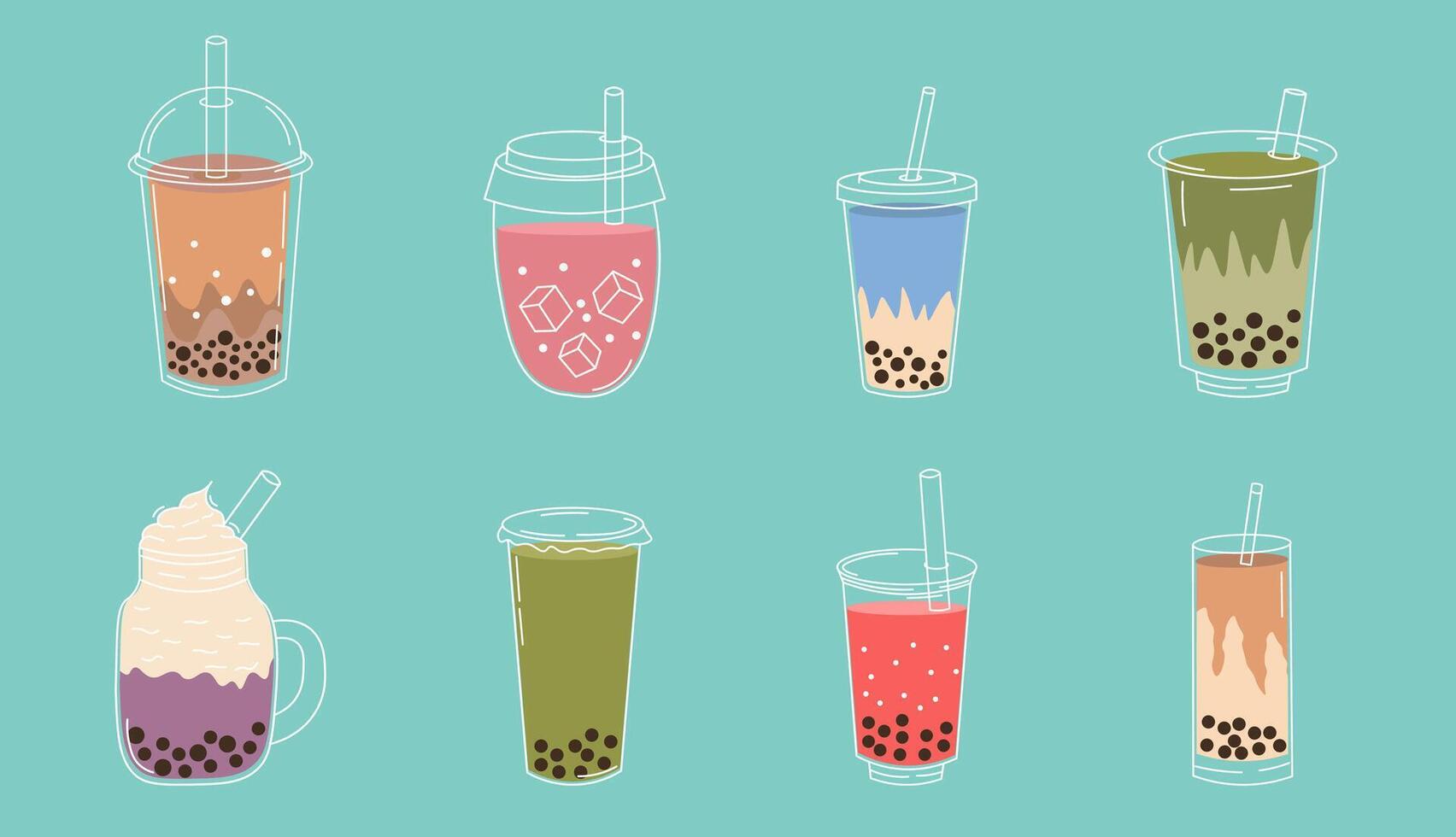 Flat style illustration of colorful bubble tea drinks in various cups and flavors, ideal for beverage packaging, cafe branding, and playful food-themed designs. vector