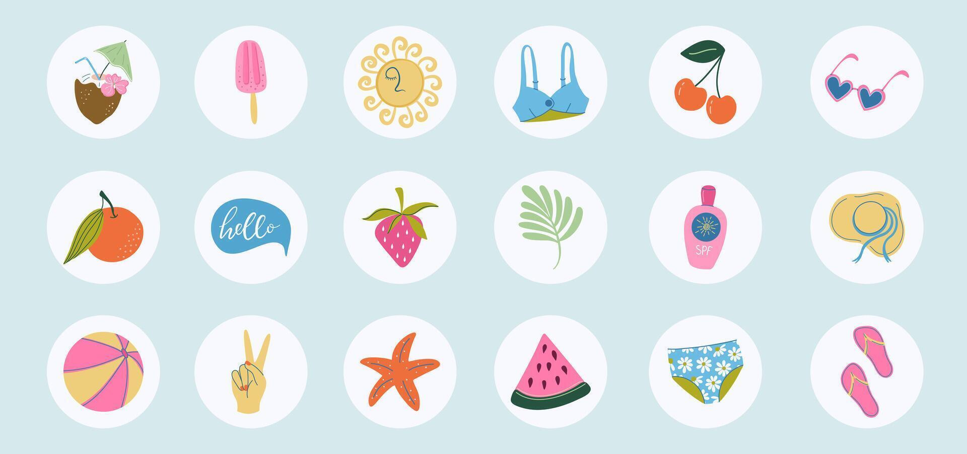 Summer highlight covers for social media. Set of cute vintage flat design beach vacations illustrations. Hand drawn icons with holiday symbols. Stickers, weekly planner elements. vector