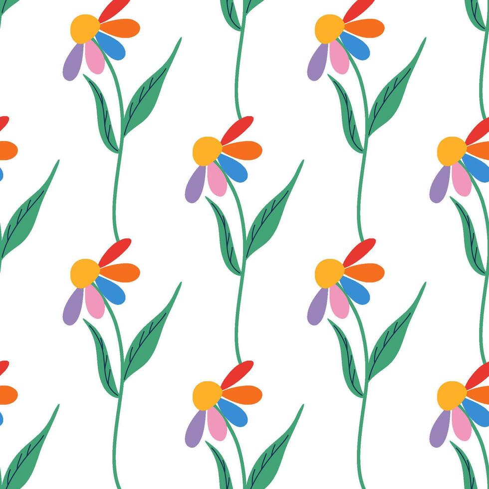 Floral happy pride seamless pattern. Rainbow petals daisy background. Colorful LGBTQ theme ornament. Hand drawn flat design illustration. vector
