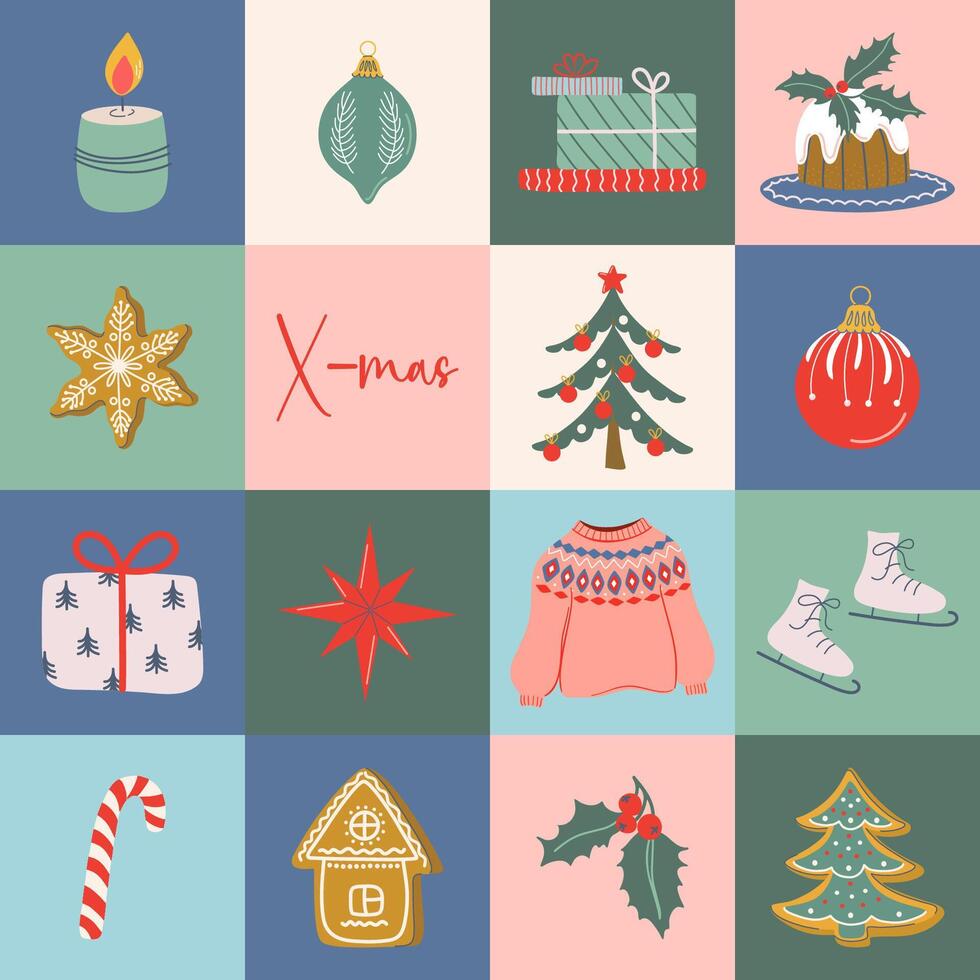 Happy holidays geometric background. Square Christmas seamless pattern. Winter holiday banner. Retro design Xmas print. Flat style hand drawn illustration for poster, card, invitation. vector