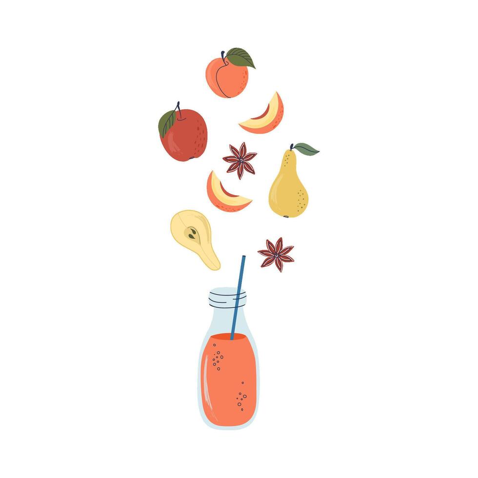 Healthy drink. Glass bottle with orange beverage, fruits and anise. Tasty spicy juice or smoothie recipe. Hand drawn flat design illustration. vector