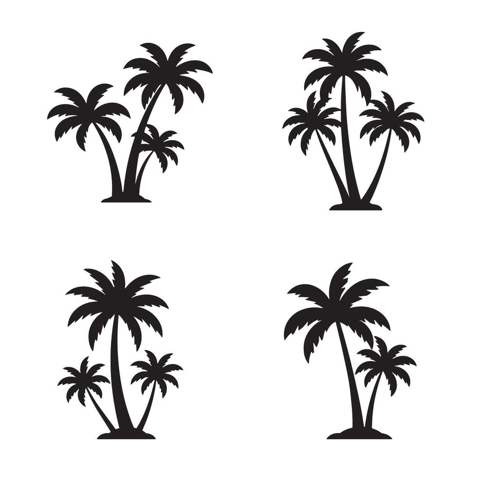 Collection of tropical palm tree silhouettes set against white background ideal for holiday and summer designs vector
