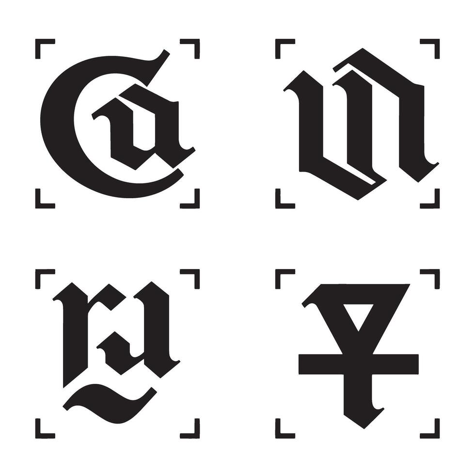 Gothic style typography elements in a silhouette design featuring decorative alphabets for creative projects vector
