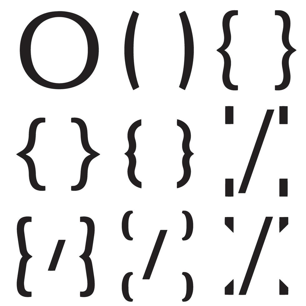 Isolated typographic elements comprising parentheses curly braces slashes percentage signs and the letter o presented as a silhouette vector