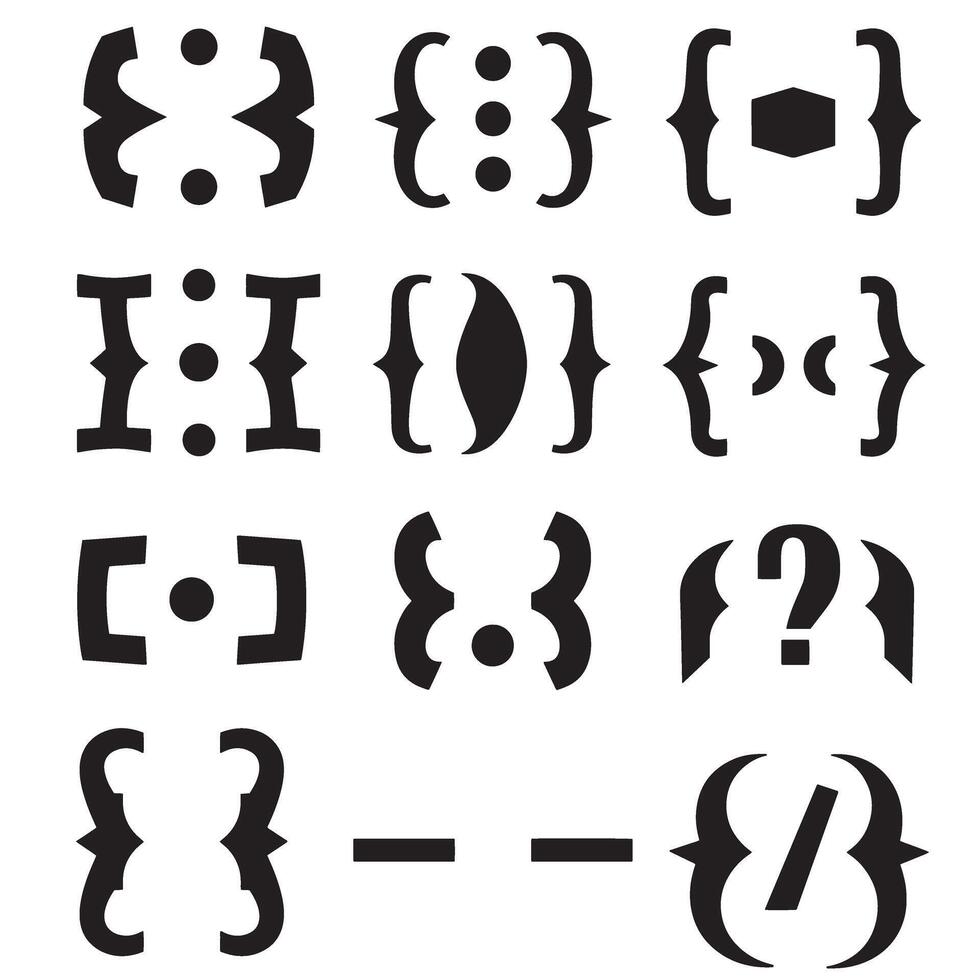 Abstract silhouette elements featuring brackets dots symbols and geometric shapes on a clean white background vector