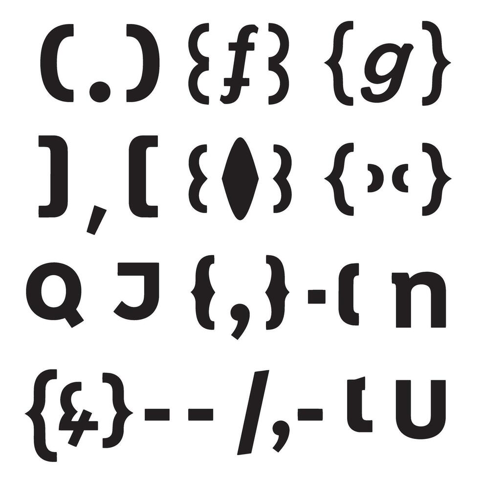 Bold black and white silhouette typography elements including brackets parentheses and letters arranged in a pattern design vector