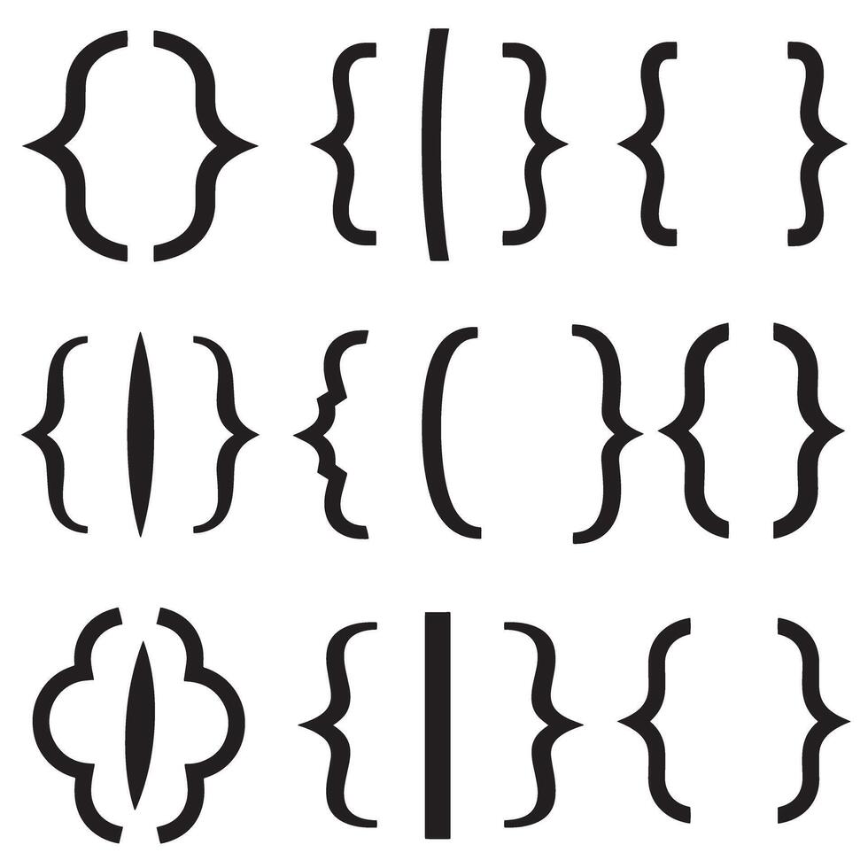 Black and white collection of assorted curly and straight brace shapes a diverse design element silhouette vector