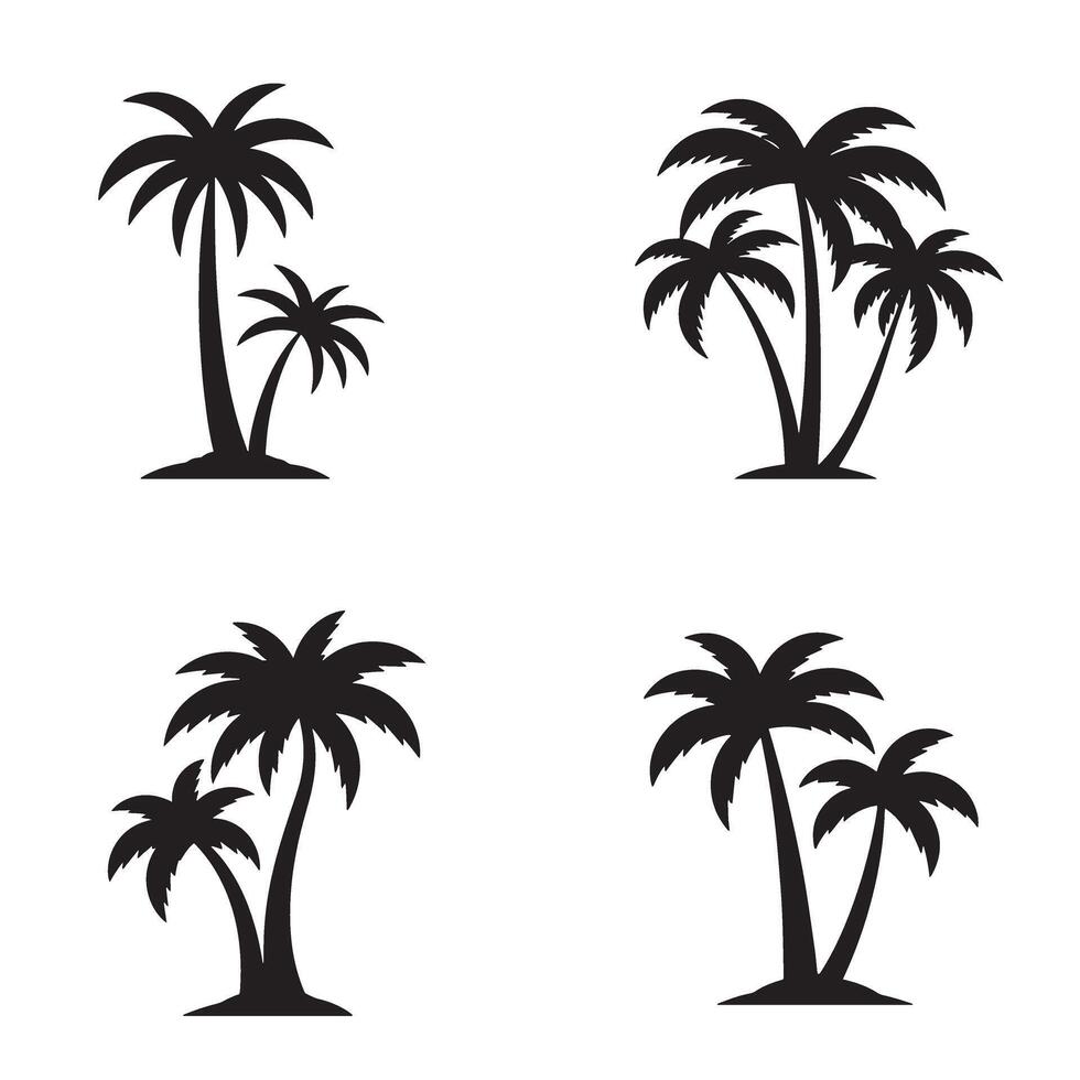 Collection of four black silhouette tropical palm tree illustrations for various design uses and decorative purposes vector