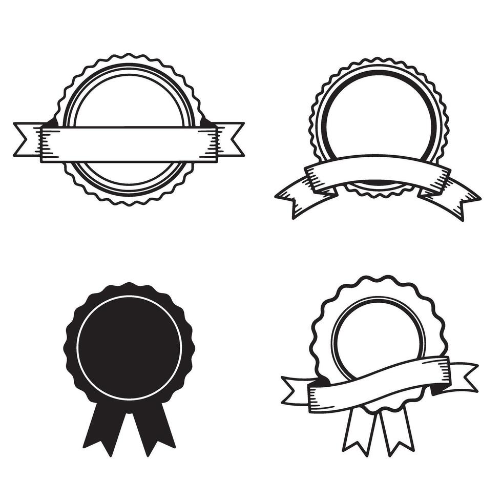 Set of four different vintage style silhouette award badges with blank ribbons and scalloped frames for various design purposes vector