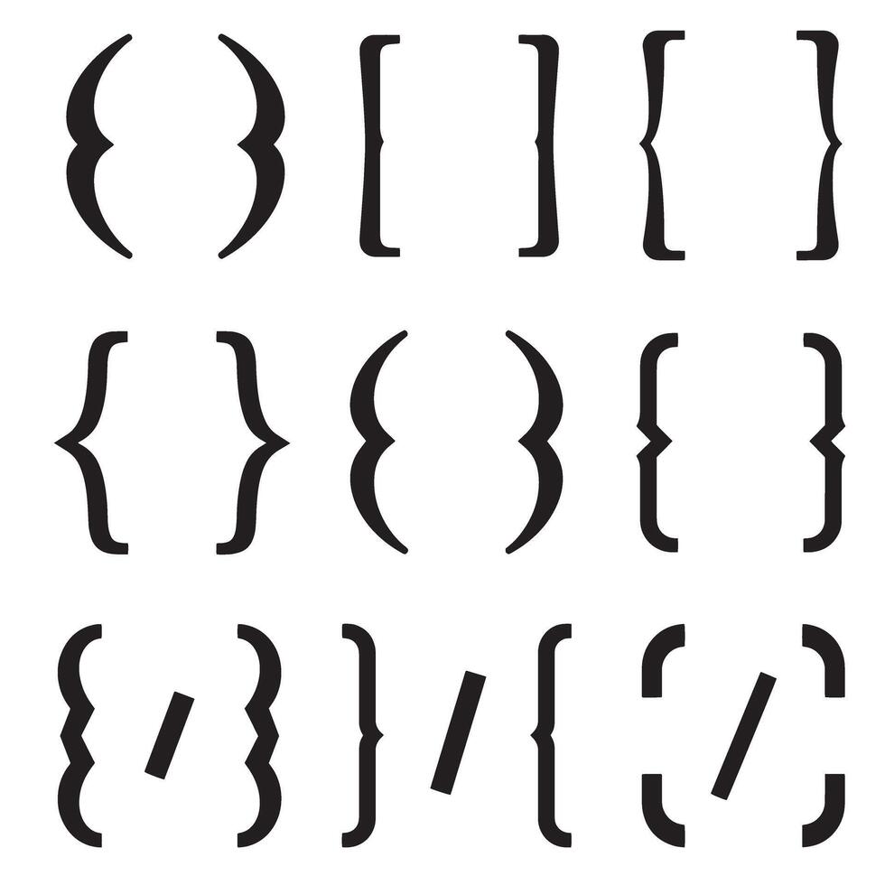 Various black and white silhouette bracket shapes isolated on white background for design and typography. vector