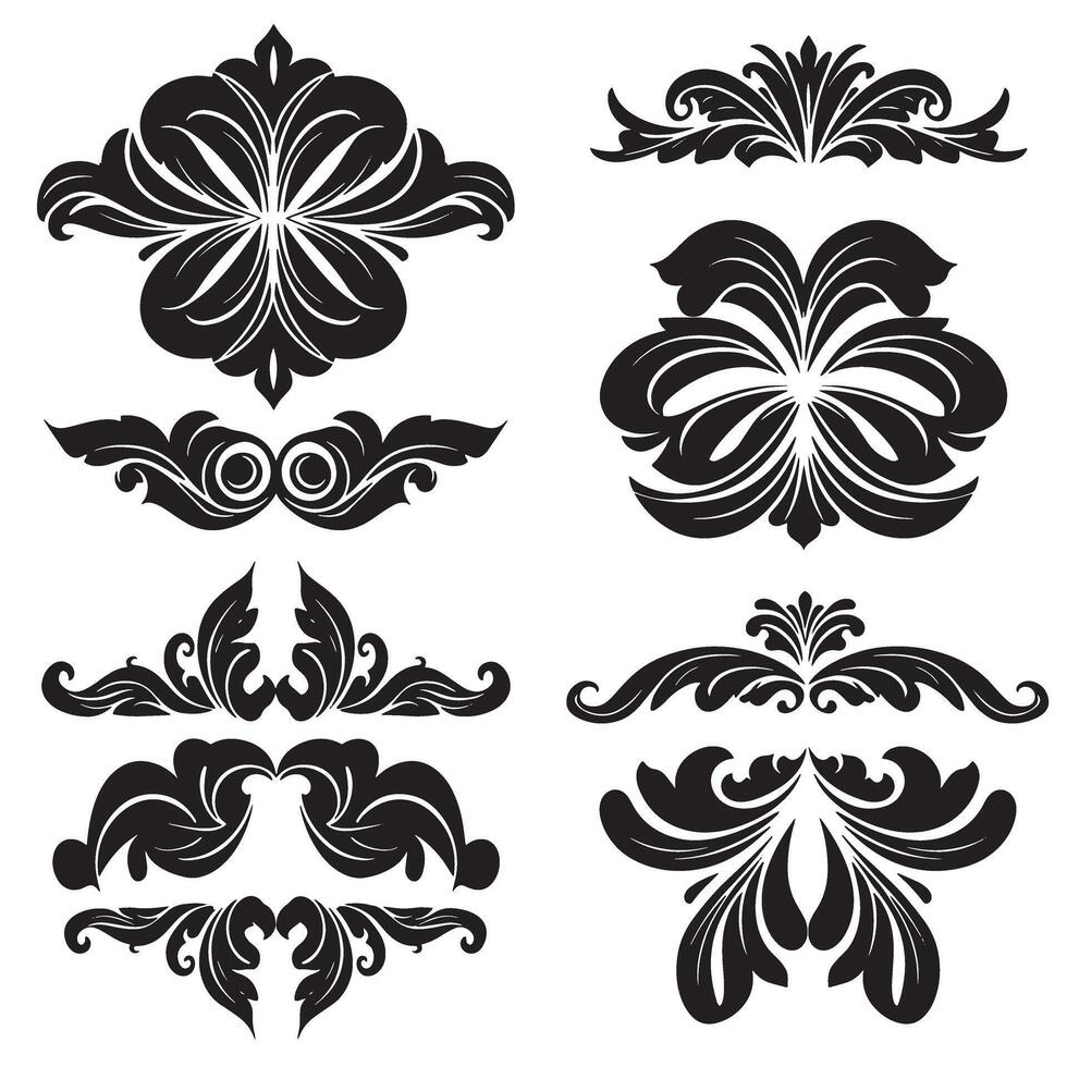 Collection of elegant silhouette flourishes and decorative design elements in black and white style vector