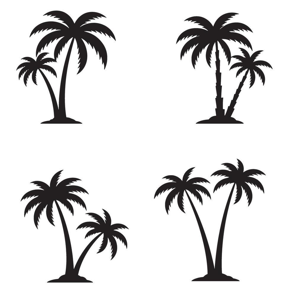 Set of four black silhouette palm tree illustrations perfect for tropical themed designs and vacation concepts vector