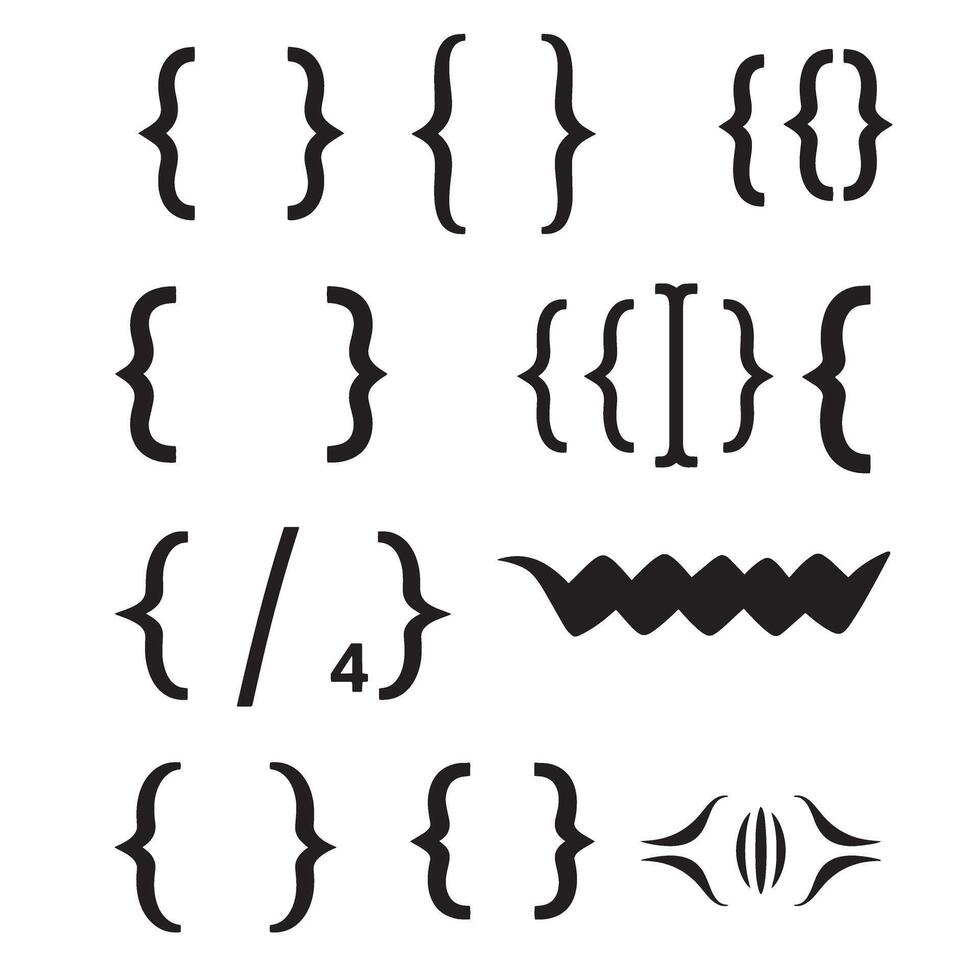 Assortment of curly brackets and decorative symbols in black silhouette forming stylish design elements on white background vector