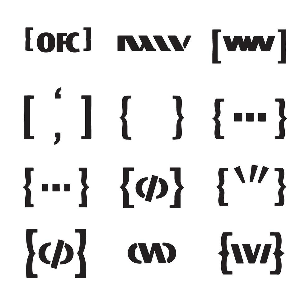 Abstract illustration featuring various symbolic bracket and parenthesis typography silhouettes in a modern design vector
