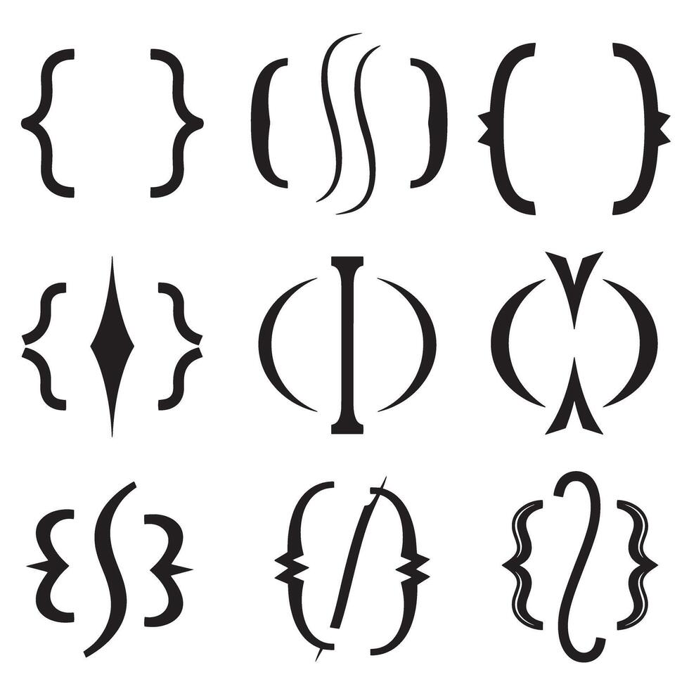 Collection of stylized bracket symbols and mathematical braces featuring diverse creative artistic interpretations in black and white silhouette vector