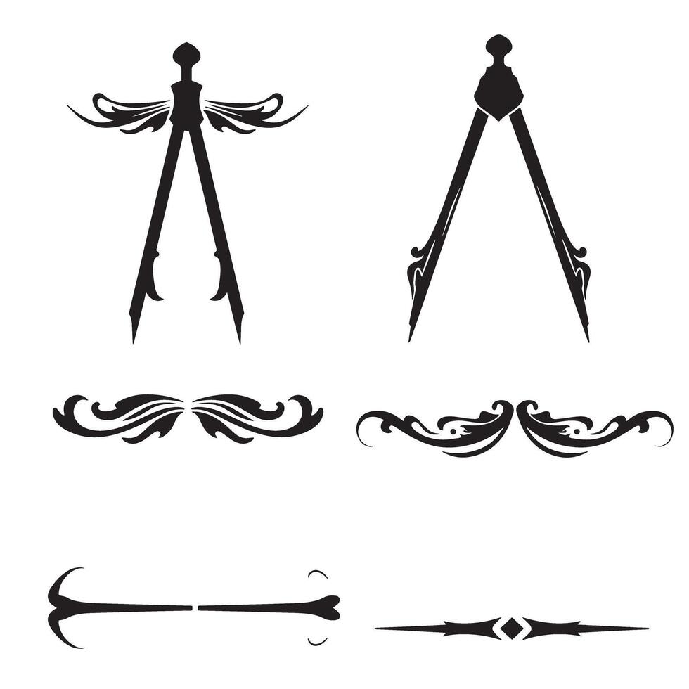 Elegant silhouette illustration set of decorative architectural design elements and drafting compass instruments. vector