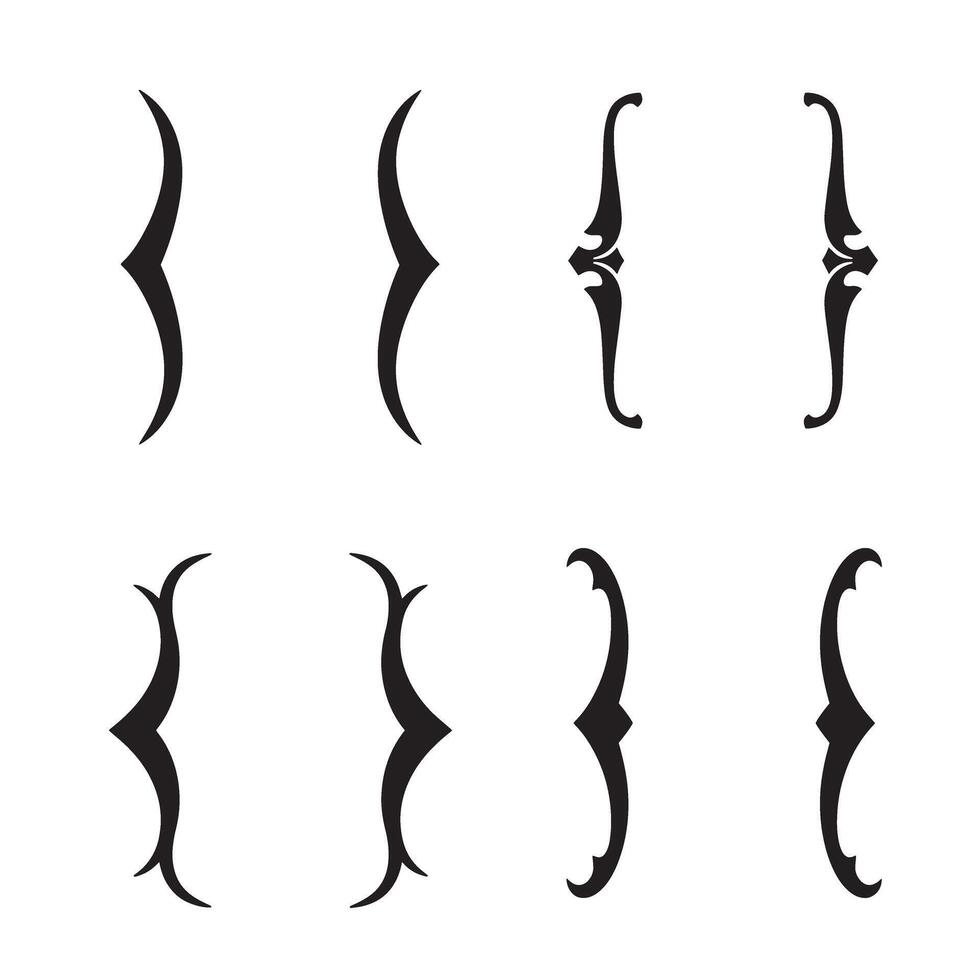 Collection of elegant black silhouette decorative brackets and ornate curly braces for design elements and graphic illustration vector