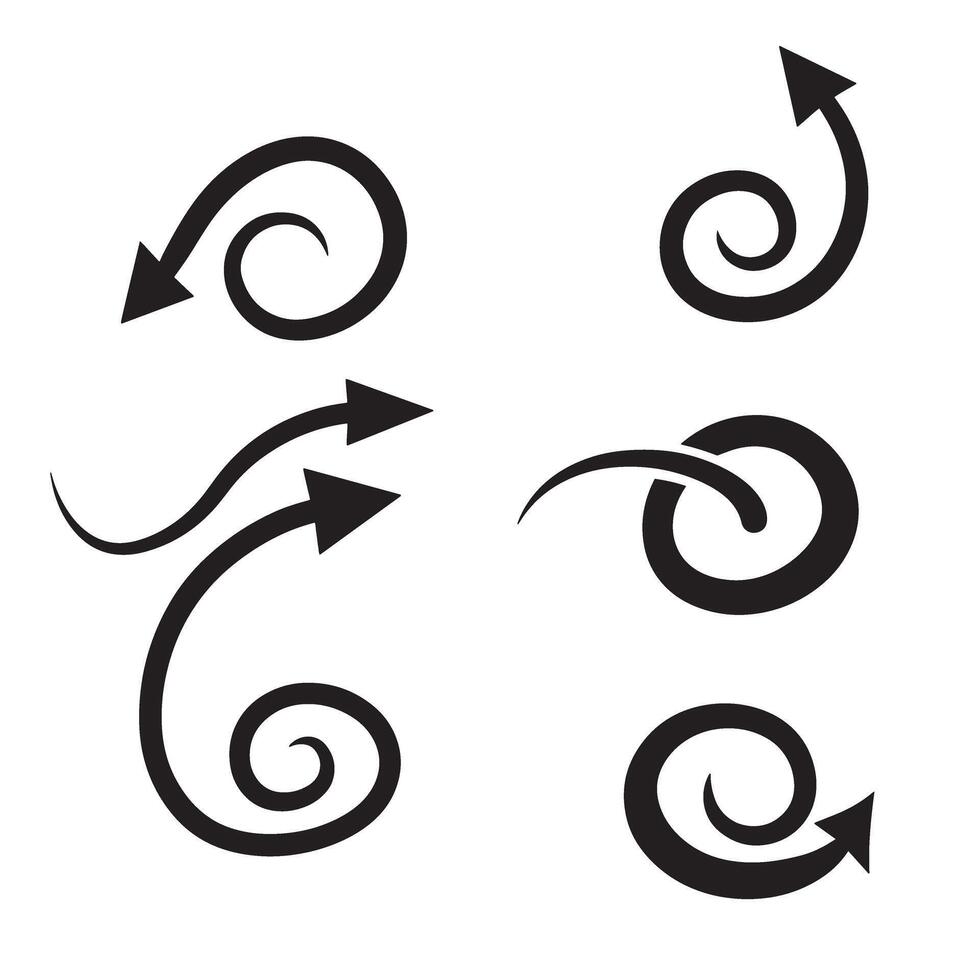 Decorative swirling arrows set featuring diverse graphics in black silhouettes perfect for design elements vector