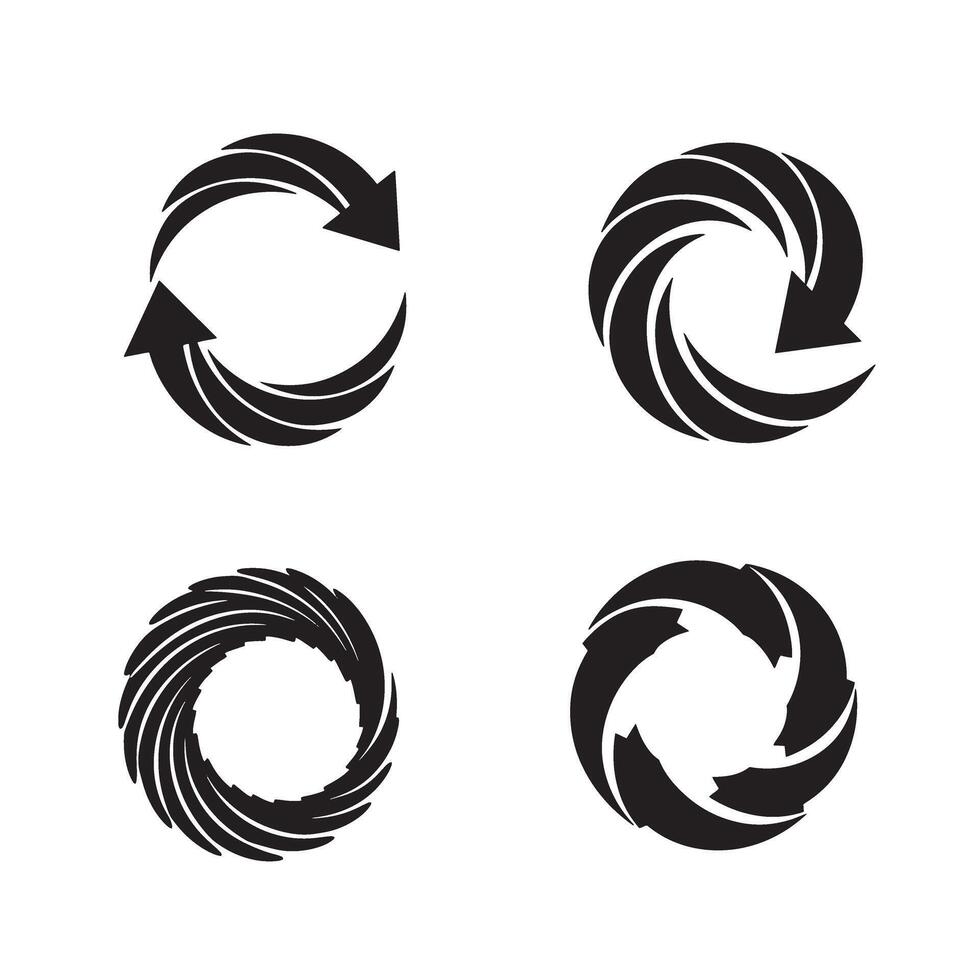 Four abstract circular arrows in black and white silhouette designs representing concepts of rotation and directional movement vector