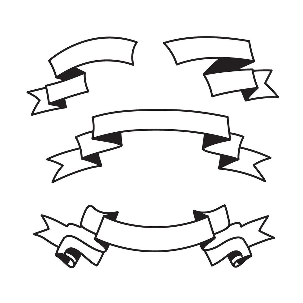 Set of hand drawn black and white silhouette ribbons and banners for decorative design elements and graphic illustrations vector