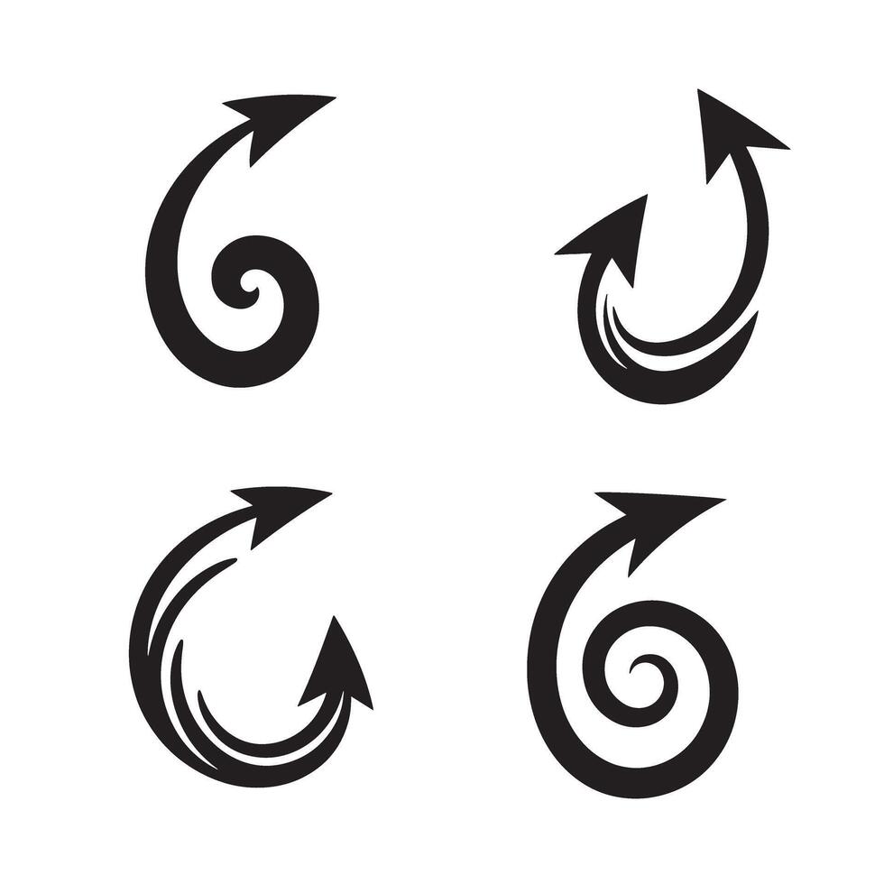 Set of four elegant black silhouette swirl arrows pointing upward on a white background for graphic design vector