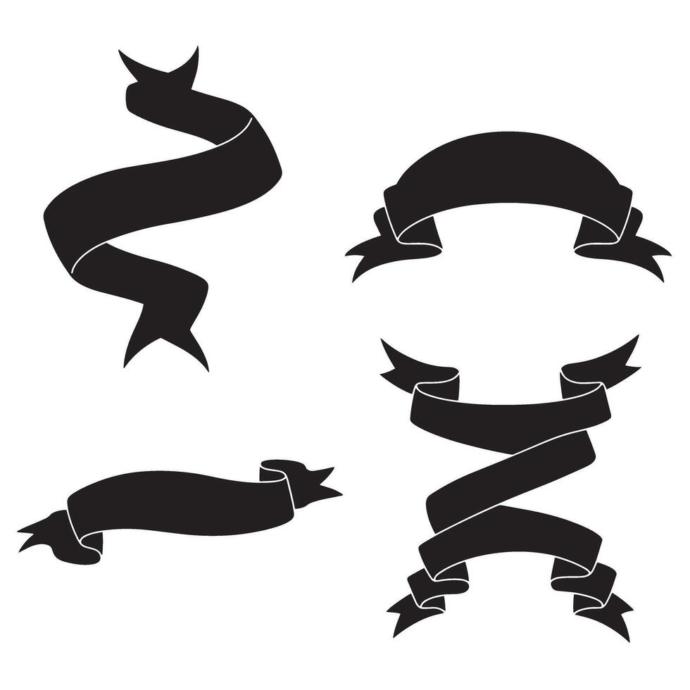 Four decorative silhouette ribbon banners in elegant black designs perfect for graphic design projects and promotional purposes. vector