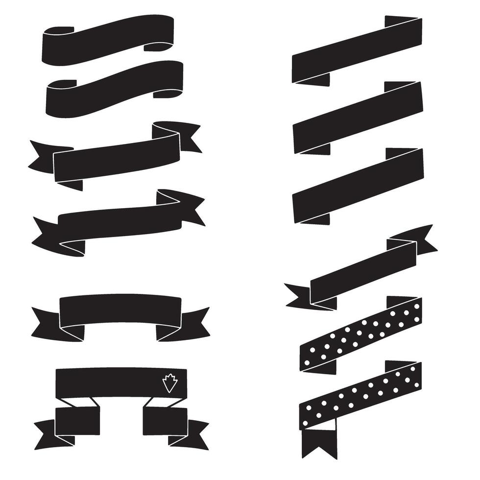 Collection of black silhouette banner ribbons and label designs suitable for various graphic design applications and decorative use vector