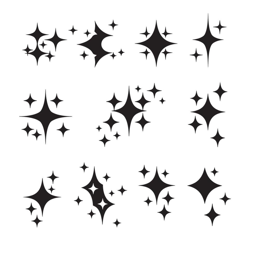 Collection of nine decorative silhouette sparkle elements featuring stars and sparkles with various arrangements for design vector