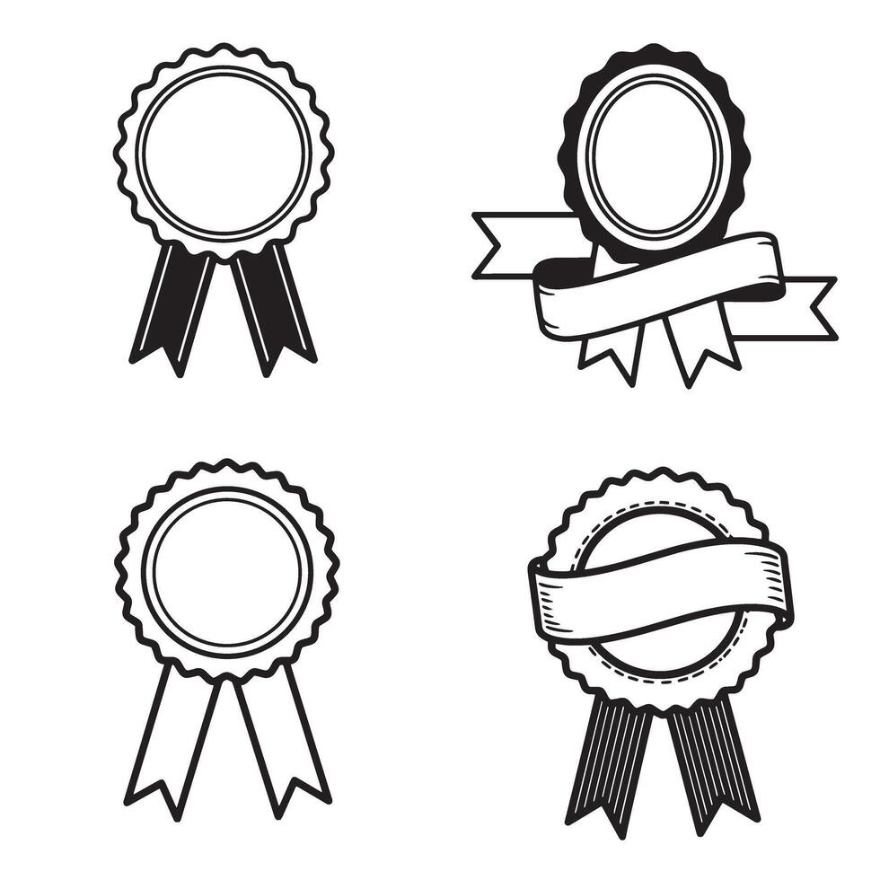 Collection of minimalist black and white silhouette award ribbons with empty center circles and decorative ribbons for design elements vector