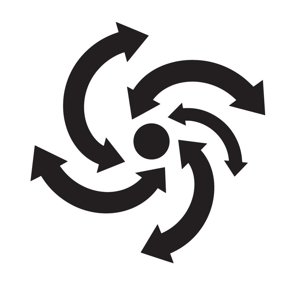 Swirling arrows illustration in a circular direction around a central point forming a dynamic silhouette design. vector