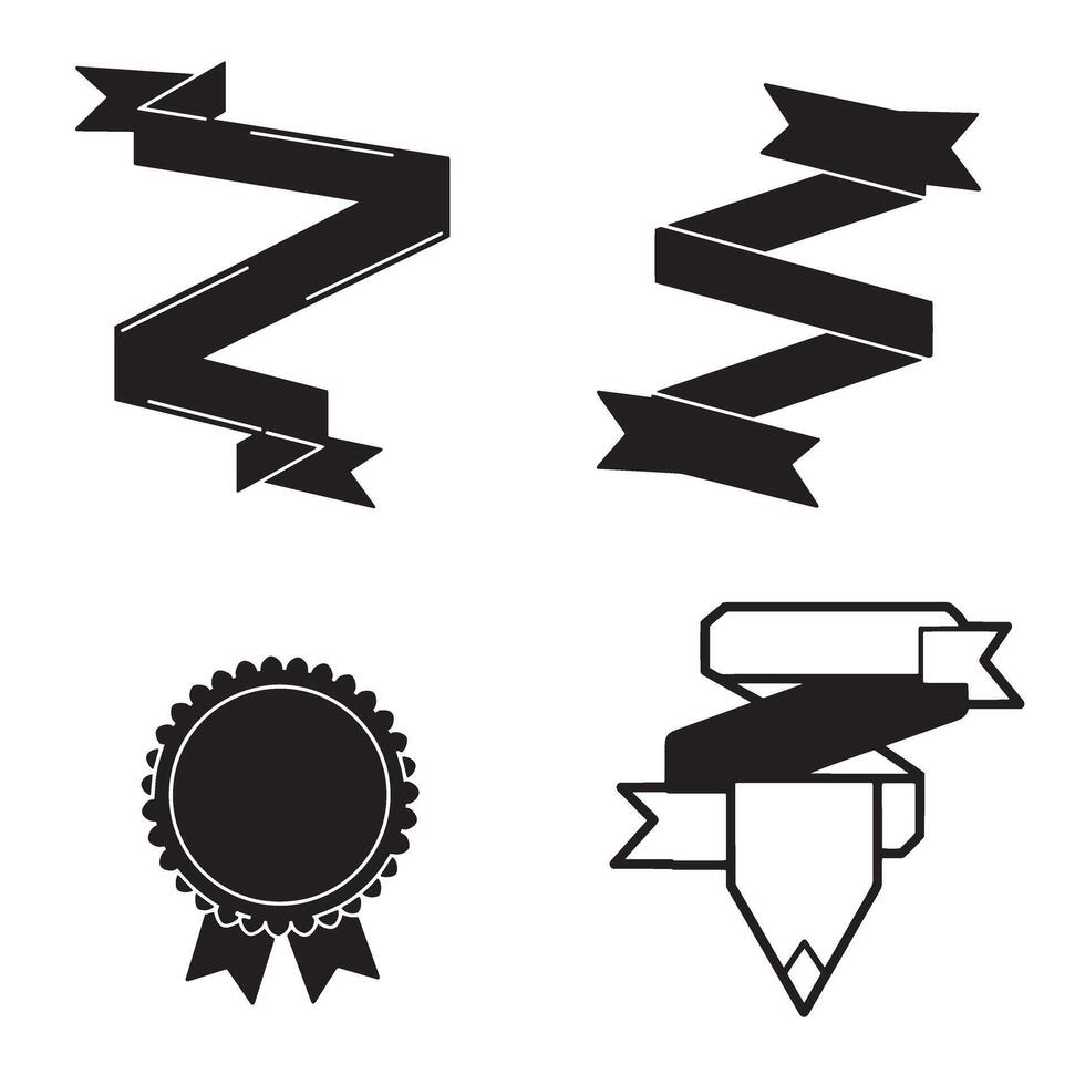 Black and white silhouette design elements featuring decorative ribbons and award badges for various design projects vector