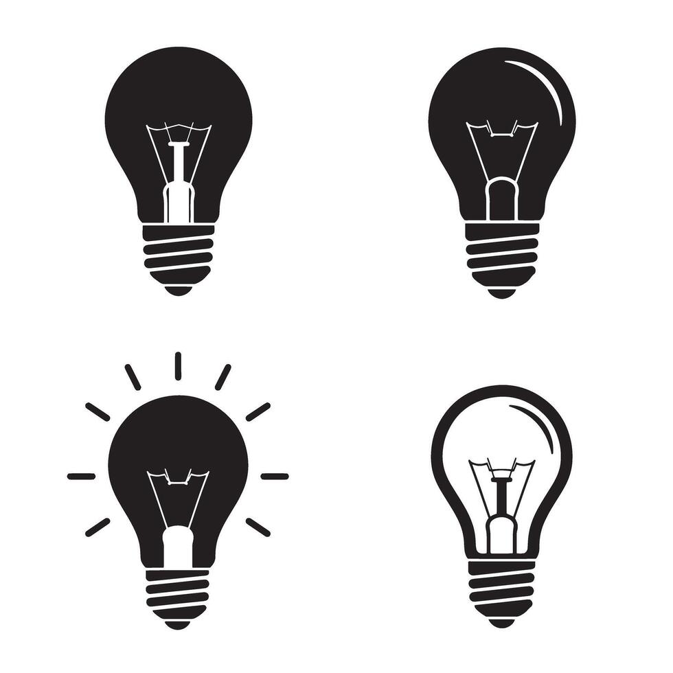 Four black silhouette lightbulb illustrations representing ideas concepts creativity energy and problem solving vector