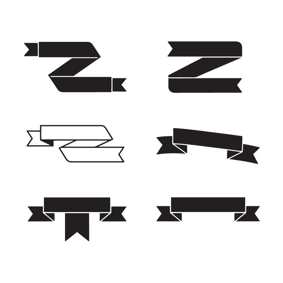 Collection of black and white silhouette ribbon banners for graphic design and decorative purposes on a white background. vector