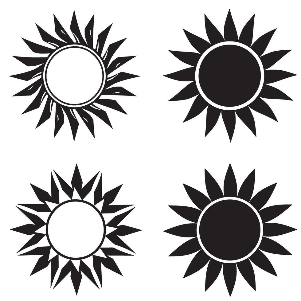 Four illustrations depicting stylized sun symbols in black and white silhouette arrangements with varying designs vector