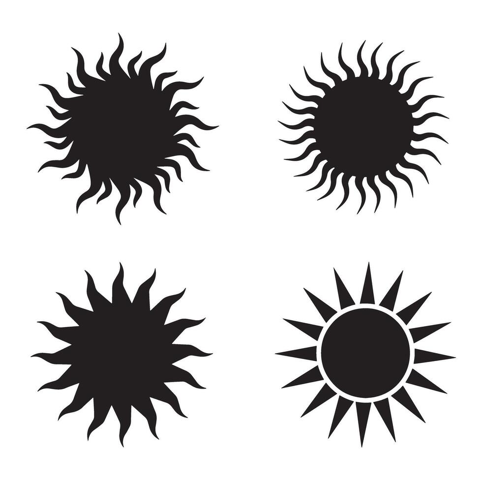 Four different black sun silhouette illustrations with varying designs on a white background perfect for creative artwork. vector