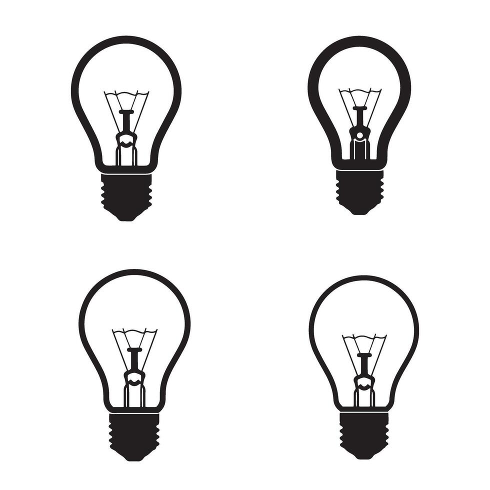 Four stylized black and white silhouette illustrations of light bulbs arranged on a clean white background for various uses. vector