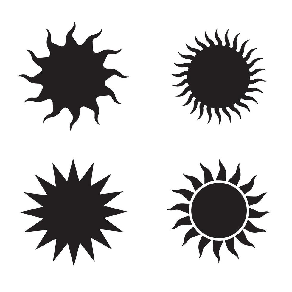Four different stylistic black silhouette sun designs arranged on a white background depicting nature and bright summer vibes. vector