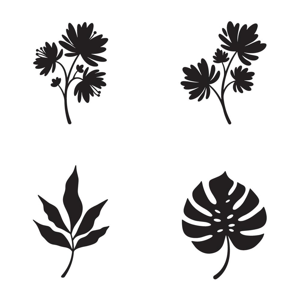 Set of minimalist black and white botanical illustrations featuring flowers leaves and tropical foliage elements vector