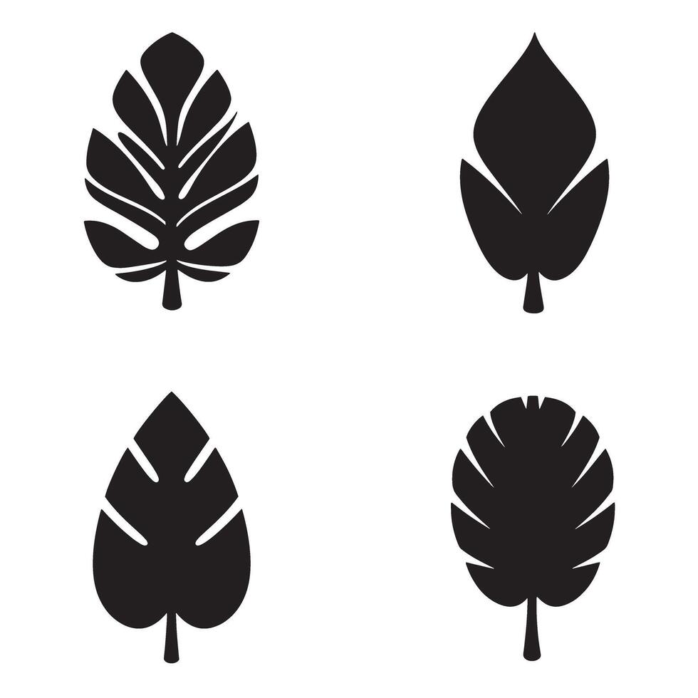 Set of illustrations featuring four stylized black leaf shapes on white background for creative design vector
