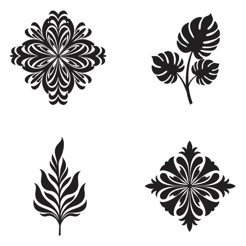 Elegant black and white decorative floral and botanical vectors designs for versatile graphic elements and creative projects.