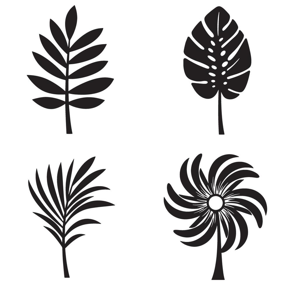 Simple black and white illustration of four different stylized tropical leaf silhouettes against white background vector