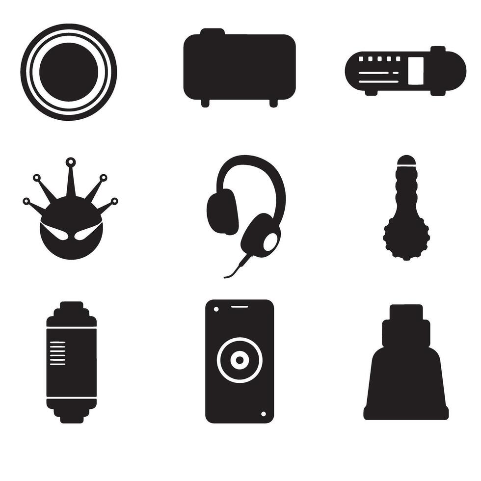 Collection of various black isolated icons representing diverse technological devices and abstract shapes for design elements. vector