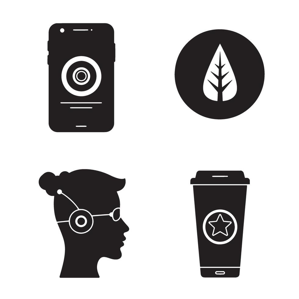 A set of graphic elements of technology, a leaf, a coffee cup and a cyborg face silhouette. vector