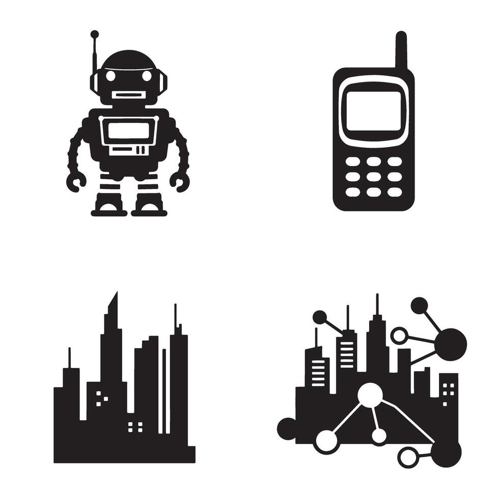 Futuristic technology and urban development silhouettes depicting robot mobile phone and cityscape elements in modern design vector